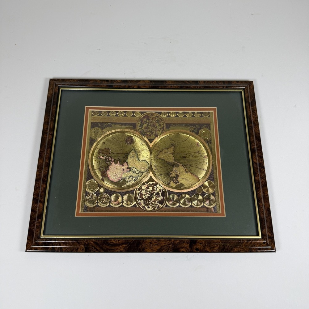 Vintage Style Gold Foil World Map Framed Wall Art F-16